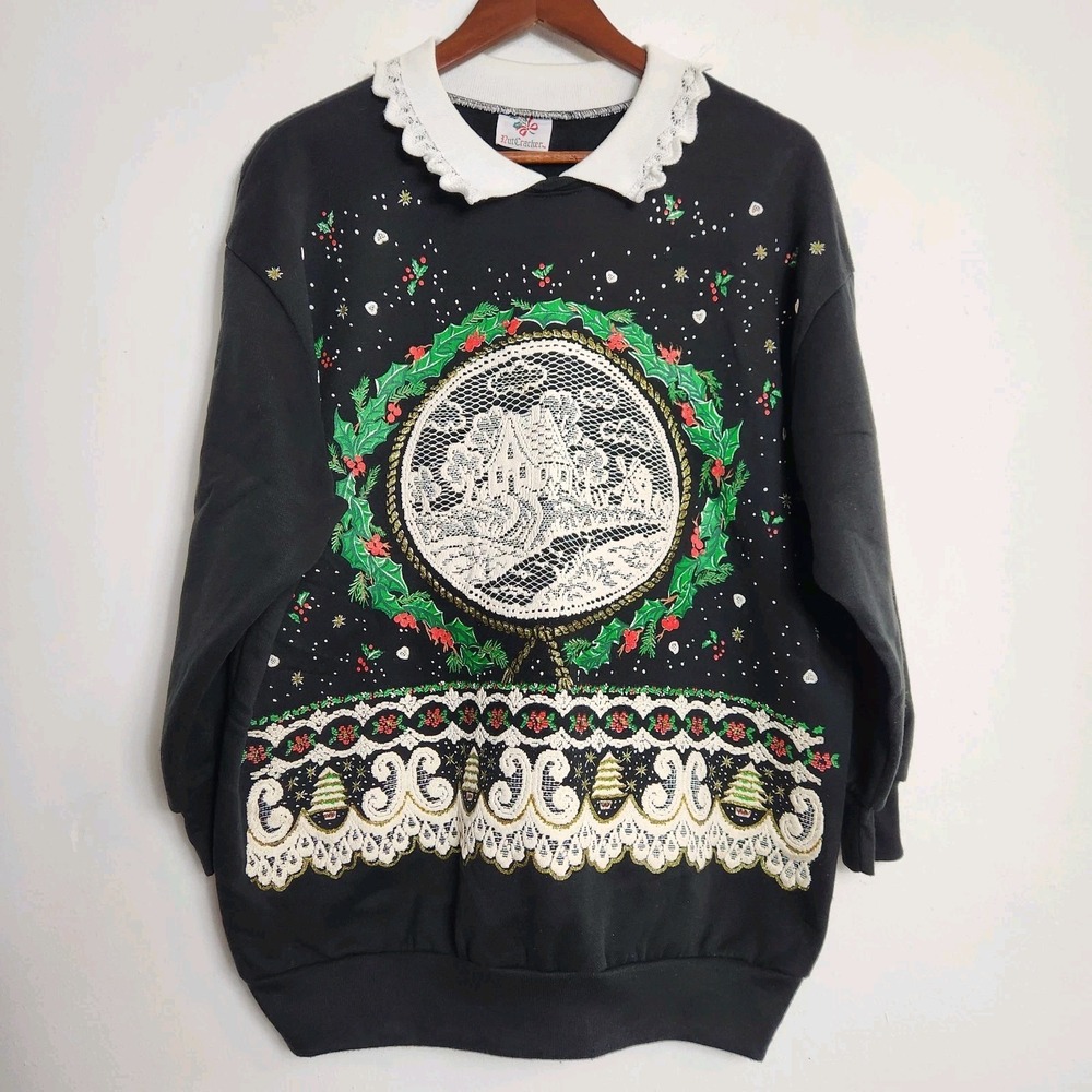 Vintage NutCracker Christmas Sweatshirt Collar Cottagecore Grandma XL Sweater